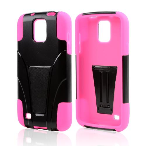 Black Hard Shell w/ Kickstand on Hot Pink Silicone Skin Case for Samsung Galaxy S4 Active