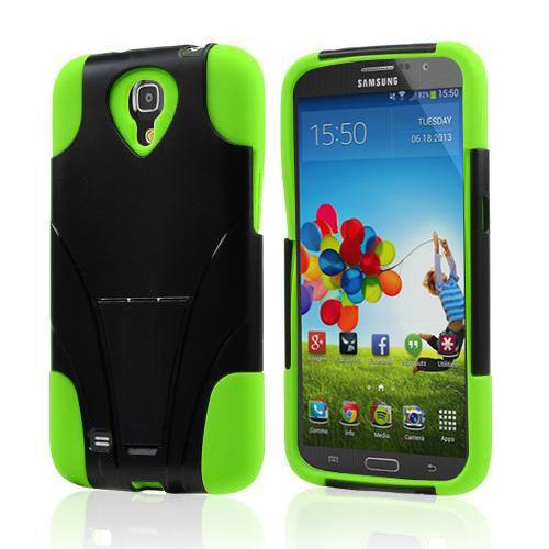 Black Hard Case w/ Kickstand on Neon Green Silicone Skin Case for Samsung Galaxy Mega 6.3