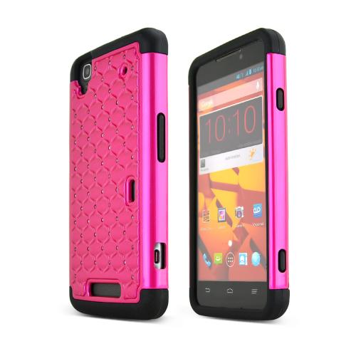 Hot Pink ZTE Max Dual Layer Hard Cover w/ Bling Over Black Silicone Skin Case
