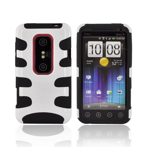 HTC EVO 3D Hard Rubberized Fishbone on Silicone Case - White/ Black