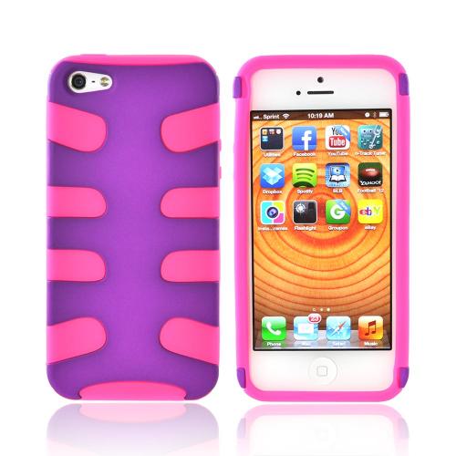 Apple iPhone 5/5S Rubberized Hard Fishbone on Silicone Case - Purple/ Hot Pink