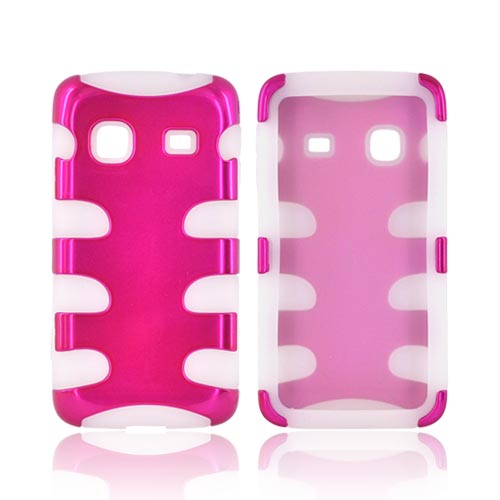 Samsung Galaxy Prevail M820 Hard Rubberized Fish Bone on Silicone Case - Hot Pink on Frost White