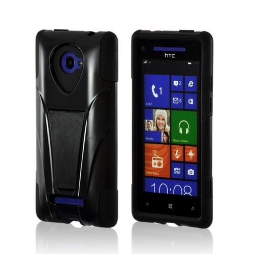 Black Hard Case on Black Silicone w/ Stand for HTC 8X