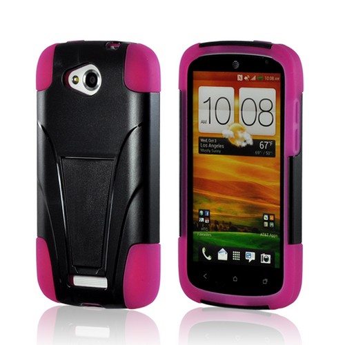 Black Hard Cover on Hot Pink Silicone Case w/ Kickstand for HTC One VX
