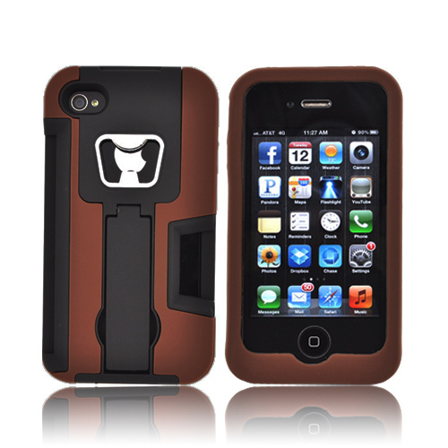 AT&T/ Verizon Apple iPhone 4, iPhone 4S Silicone Over Hard Case w/ Bottle Opener, ID Holder, & Stand - Brown/ Black