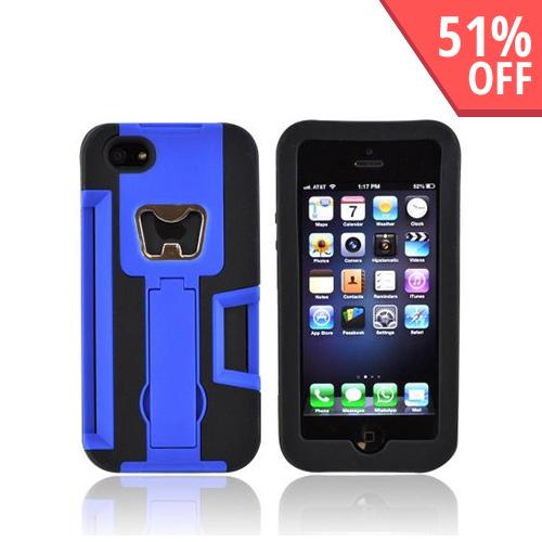 Apple iPhone 5/5S Silicone Over Hard Case w/ Bottle Opener ID Holder & Stand - Blue/ Black