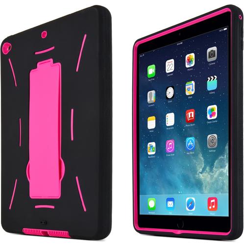 Hot Pink/ Black Apple iPad Air 2 Silicone Skin Case on Hard Cover Case w/ Kickstand Hot Pink/ Black Apple iPad Air 2 Silicone Skin Case on Hard Cover Case w/ Kickstand