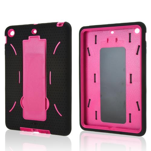 Black Silicone Skin Case on Hot Pink Hard Case w/ Kickstand for Apple iPad Mini 2/3