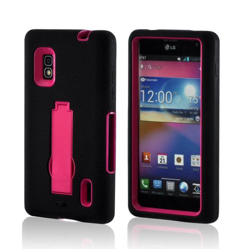 Black Silicone on Hot Pink Hard Case w/ Kickstand for LG Optimus G (AT&T)