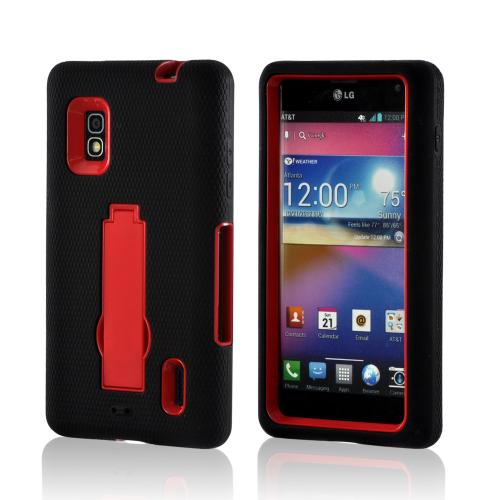 Black Silicone on Red Hard Case w/ Kickstand for LG Optimus G (AT&T)