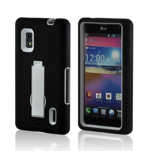 Black Silicone on White Hard Case w/ Kickstand for LG Optimus G (AT&T)