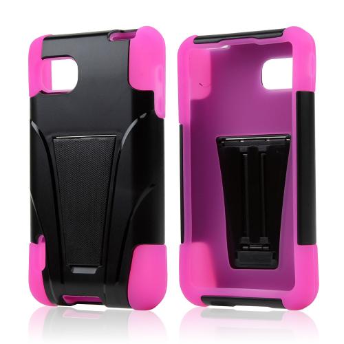 Black Hard Case on Hot Pink Silicone w/ Kickstand for LG Optimus F3