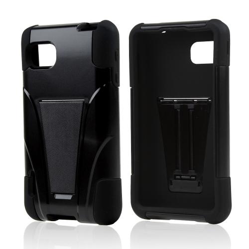 Black Hard Case on Black Silicone w/ Kickstand for LG Optimus F3