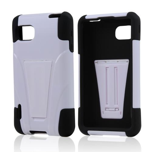 White Hard Case on Black Silicone w/ Kickstand for LG Optimus F3