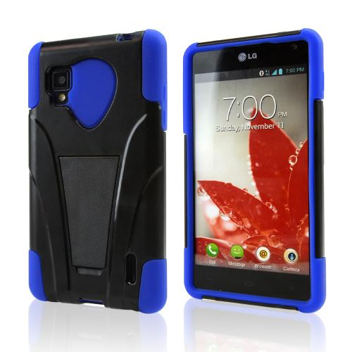Blue on Black Silicone Over Hard Case w/ Stand for LG Optimus G (Sprint)