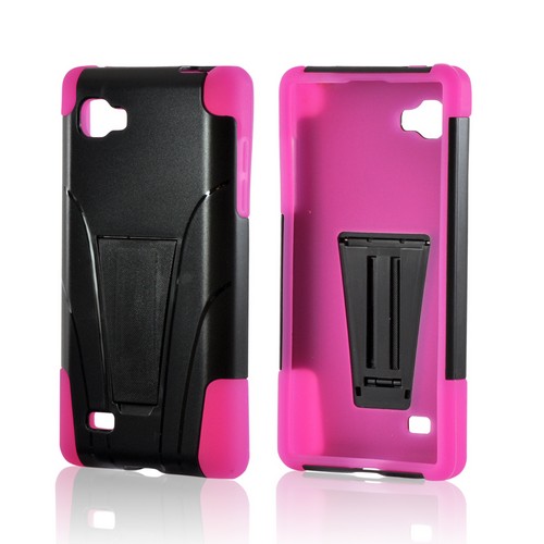 Hot Pink on Black Silicone Over Hard Case w/ Stand for LG Optimus G (Sprint)