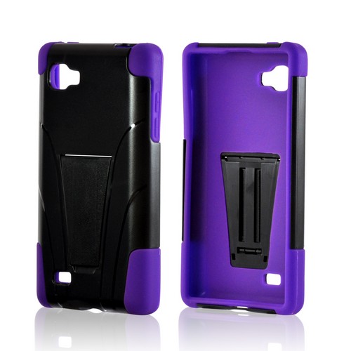 Purple on Black Silicone Over Hard Case w/ Stand for LG Optimus G (Sprint)
