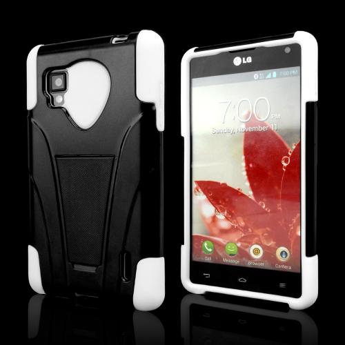 White on Black Silicone Over Hard Case w/ Stand for LG Optimus G (Sprint)