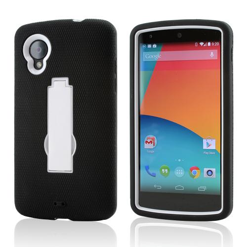 Black Silicone Skin on White Hard Case w/ Kickstand for LG Google Nexus 5