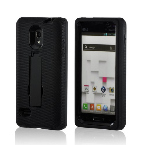 Black on Black Silicone Over Hard Case w/ Stand for LG Optimus L9