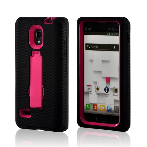 Black on Hot Pink Silicone Over Hard Case w/ Stand for LG Optimus L9