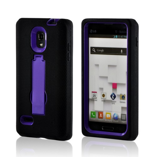 Black on Purple Silicone Over Hard Case w/ Stand for LG Optimus L9