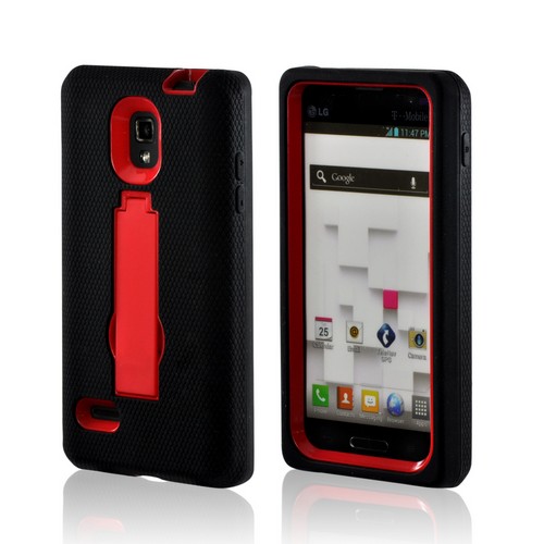 Black on Red Silicone Over Hard Case w/ Stand for LG Optimus L9