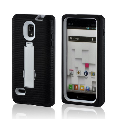 Black on White Silicone Over Hard Case w/ Stand for LG Optimus L9
