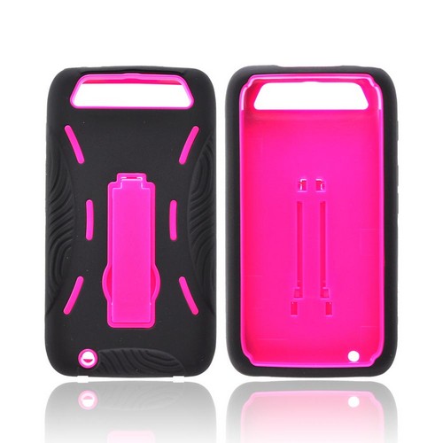 Motorola Atrix HD Silicone Over Hard Case w/ Stand - Black/ Hot Pink
