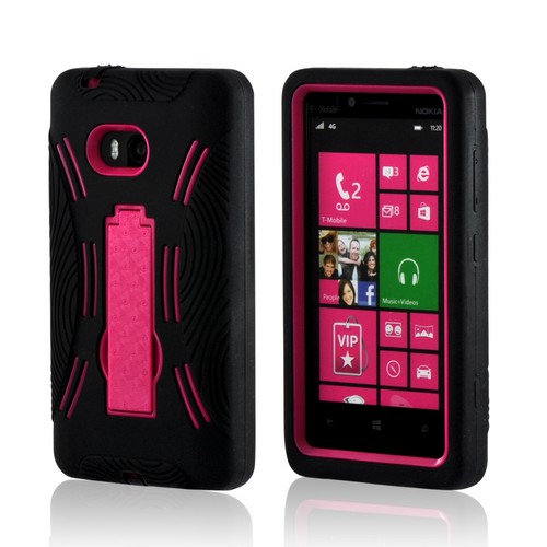 Black Silicone on Pink Hard Case w/ Kickstand for Nokia Lumia 810