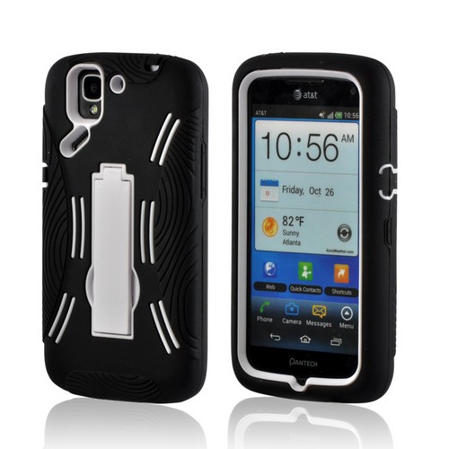 White/ Black Silicone Over Hard Case w/ Kickstand for Pantech Flex