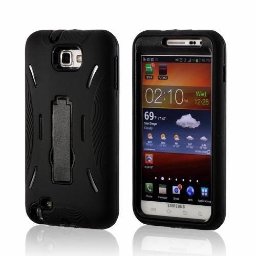 Black Silicone Over Hard Case w/ Kickstand for Samsung Galaxy Note