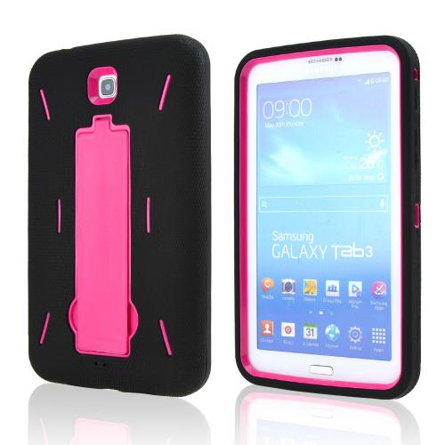 Black Silicone Over Hot Pink Hard Case w/ Kickstand for Samsung Galaxy Tab 3 7.0