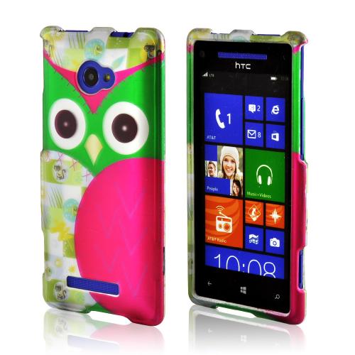 Hot Pink/ Green Owl Rubberized Hard Case for HTC 8X