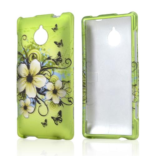 White Hawaiian Flowers on Green Rubberized Hard Case for HTC 8XT