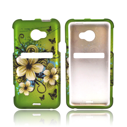 HTC EVO 4G LTE Rubberized Hard Case - White Hawaiian Flowers on Green