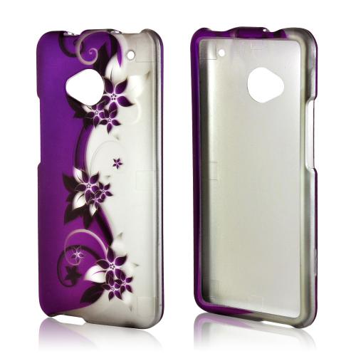 Purple Vines/ Flowers on Silver Rubberized Hard Case for HTC One