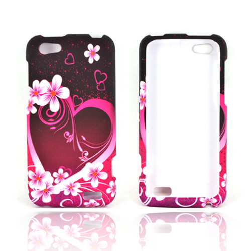 HTC One V Rubberized Hard Case - Pink Heart and Flowers on Black