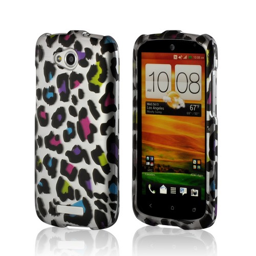 Rainbow Leopard on Silver Rubberized Hard Case for HTC One VX