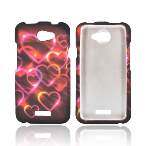 HTC One X Rubberized Hard Case - Pink/ Gold Hearts on Espresso Brown