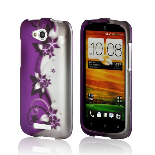 Purple Vines/ Flowers on Silver Rubberized Hard Case for HTC One VX