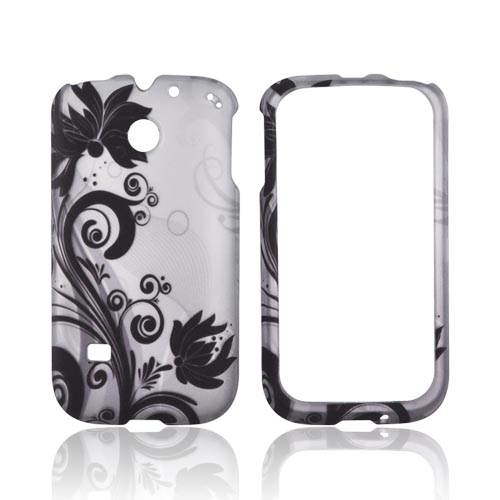 Huawei Ascend 2/ Prism/ Summit M865 Rubberized Hard Case - Black Vines & Flowers on Silver