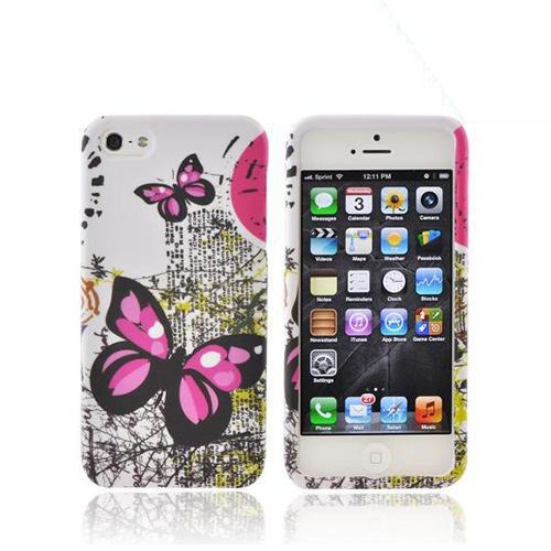 Apple iPhone 5/5S Rubberized Hard Case - Pink Butterfly on White