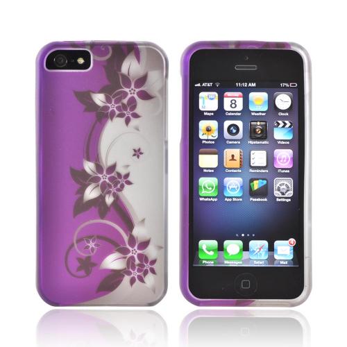 Apple iPhone 5/5S Rubberized Hard Case - Purple Flowers/ Vines on Silver