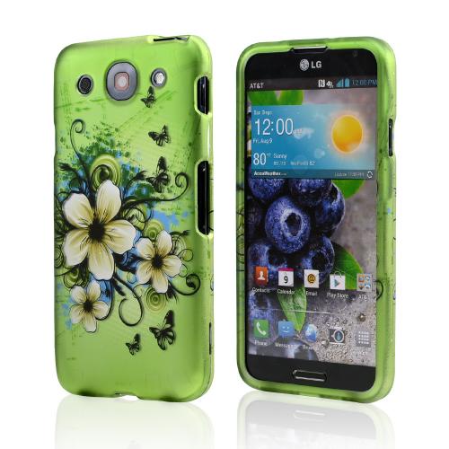 White Hawaiian Flowers on Green Rubberized Hard Case for LG Optimus G Pro