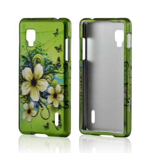 White Hawaiian Flowers on Green Rubberized Hard Case for LG Optimus G (Sprint)