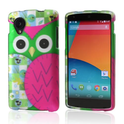Hot Pink / Green Owl Rubberized Hard Case for LG Google Nexus 5