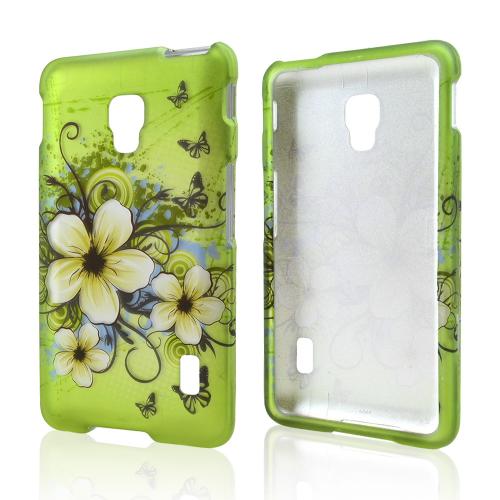White Hawaiian Flowers on Green Rubberized Hard Case for LG Optimus F6