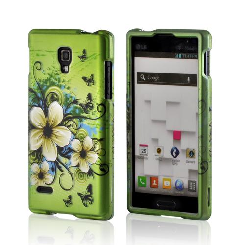 White Hawaiian Flowers on Green Rubberized Hard Case for LG Optimus L9