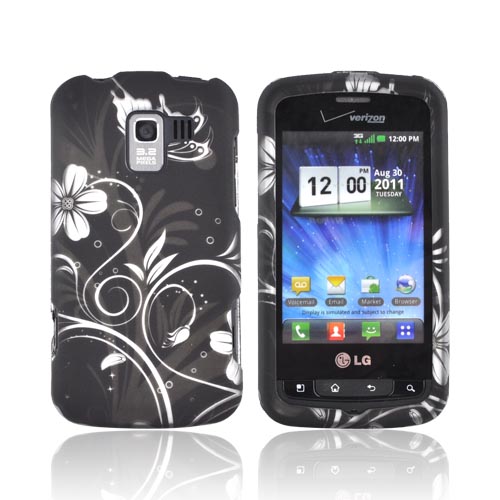 LG Enlighten VS700 Rubberized Hard Case - White Butterflies & Flowers on Black